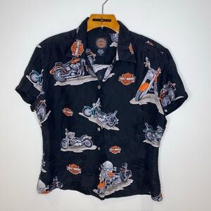 Harley Davidson 100% Silk Women’s Black Motorcycle Pattern Button Up Top Size L‎